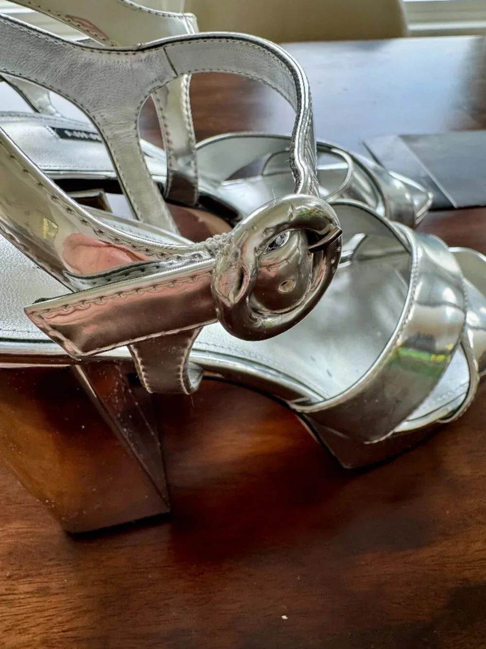 NINE WEST Vallen3 Silver Mirror Metallic Strappy Platform